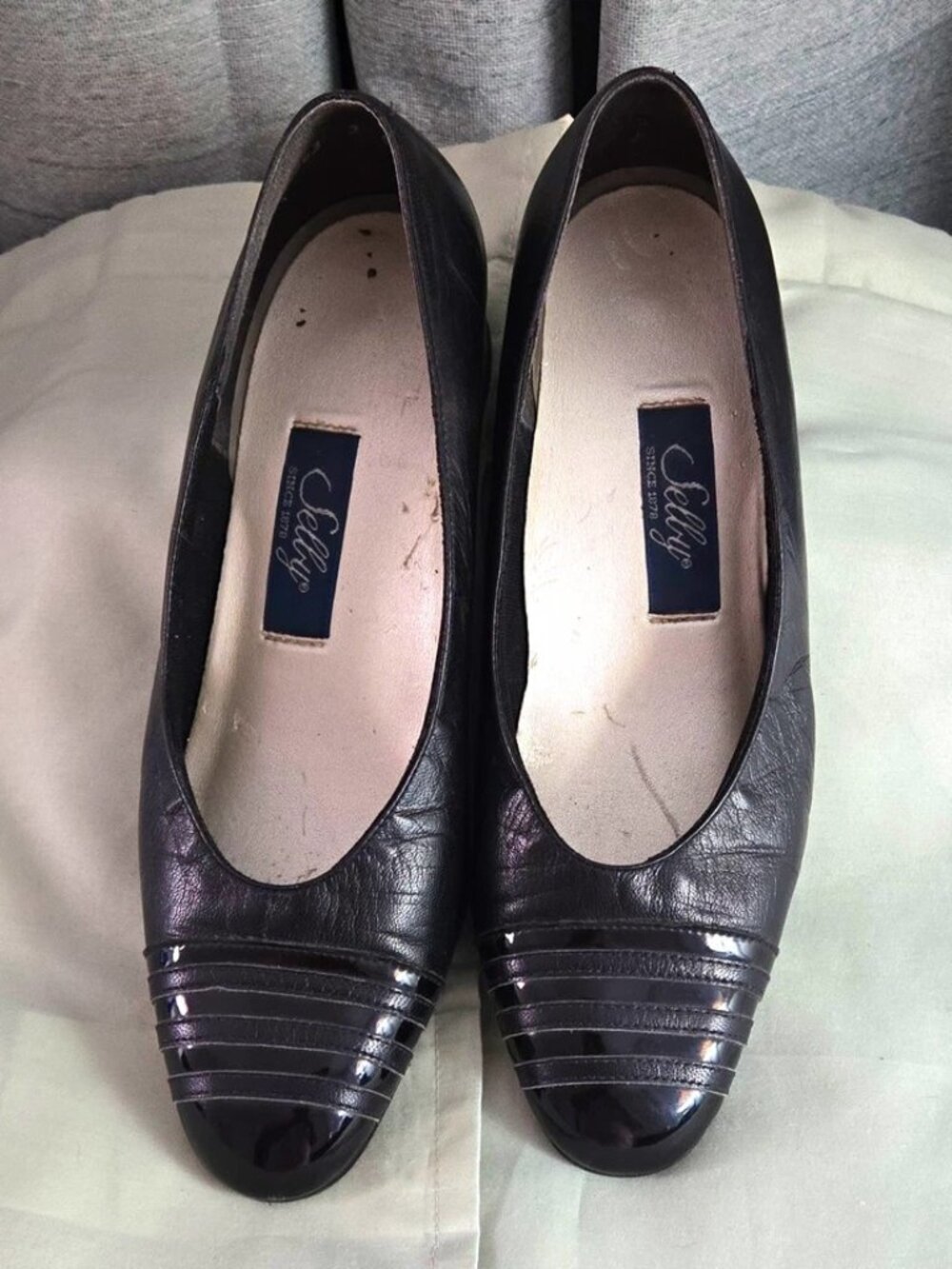 Selly Women’s Black Leather Pump Heels Patent Toe Round Slip-On Block 8.5